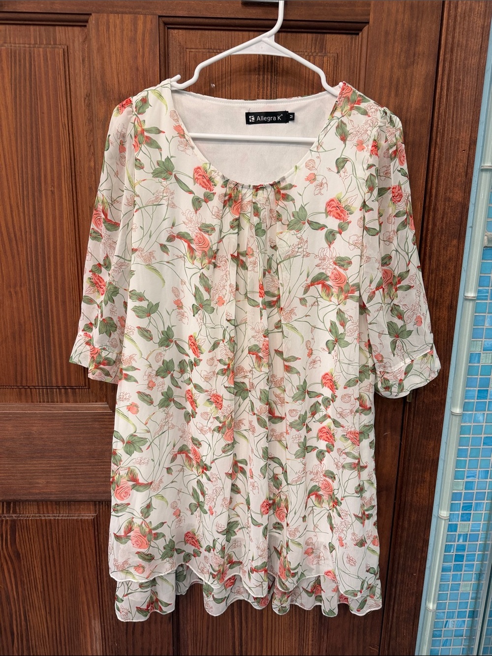 Allegra K Cream Floral Long Sleeve Tunic with Coral Rose Print